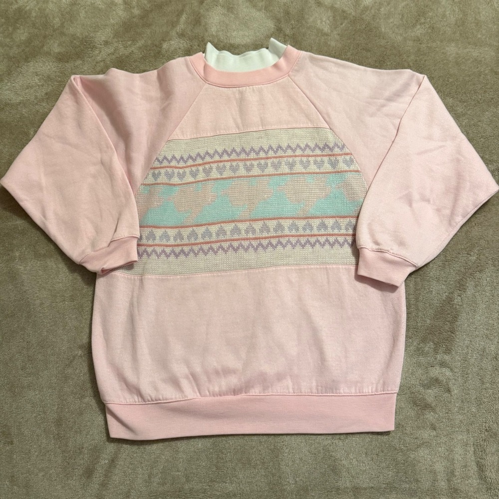 Stepping Stones Vintage Pink Duck Heart Knit Panel Sweatshirt Mock Neck Medium